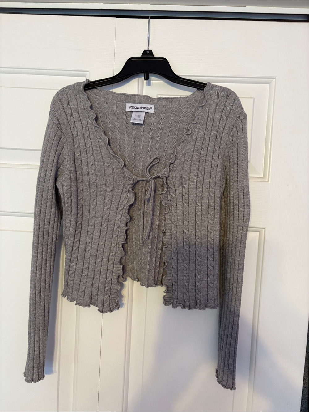Cotton Emporium Light Gray Ruffle-Trim Tie-Front Cable Cardigan